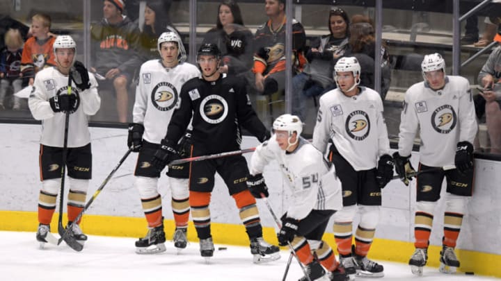 IRVINE, CA - JUNE 29: Anaheim Ducks players on the ice during an Anaheim Ducks Development Camp game held on June 29, 2019 at FivePoint Arena at the Great Park Ice in Irvine, CA. (Photo by John Cordes/Icon Sportswire via Getty Images)