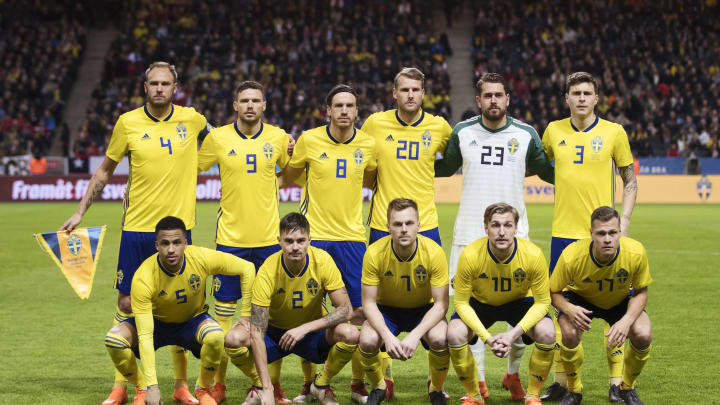 SOLNA, SWEDEN – MARCH 24: Andreas Granqvist, Marcus Berg, Gustav Svensson, Ola Toivonen, Kristoffer Nordfeldt, goalkeeper, Victor Nilsson Lindelof, Martin Olsson, Mikael Lustig, Sebastian Larsson, Emil Forsberg and Viktor Claesson of Sweden during the International Friendly match between Sweden and Chile at Friends arena on March 24, 2018 in Solna, Sweden. (Photo by Nils Petter Nilsson/Ombrello/Getty Images)