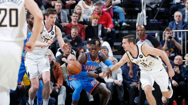 NOVEMBER 12: T.J. McConnell, T.J. Leaf of the Indiana Pacers defend against Dennis Schroder of the OKC Thunder. (Photo by Joe Robbins/Getty Images)