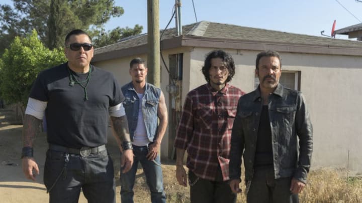 MAYANS M.C. -- "Xbalanque" -- Season 2, Episode 1 (Airs Tuesday, September 3, 10:00 p.m. e/p) Pictured: (l-r) Frankie Loyal as Hank "Tranq" Loza, JD Pardo as EZ Reyes, Richard Cabral as Johnny "Coco" Cruz, Michael Irby as Obisbo "Bishop" Loza. CR: Prashant Gupta/FX