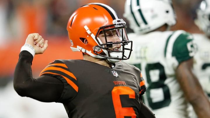 CLEVELAND, OH - SEPTEMBER 20: Baker Mayfield #6 of the Cleveland Browns reacts after a Carlos Hyde #34 (not pictured) touchdown during the third quarter against the New York Jets at FirstEnergy Stadium on September 20, 2018 in Cleveland, Ohio. (Photo by Joe Robbins/Getty Images)