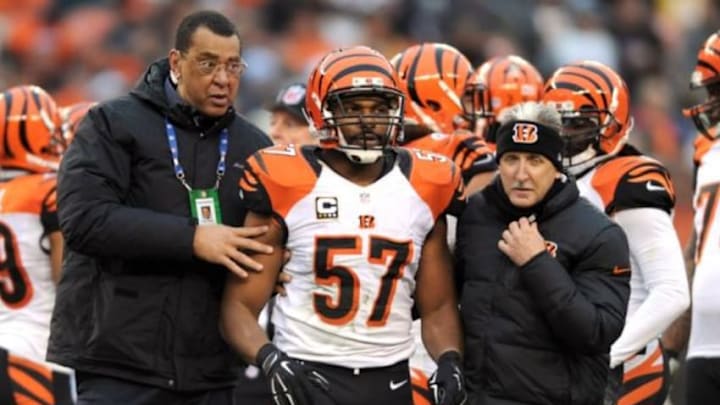 Dec 14, 2014; Cleveland, OH, USA; Cincinnati Bengals outside linebacker Vincent Rey (57) is taken from the field after suffering a head injury against the Cleveland Browns during the fourth quarter at FirstEnergy Stadium. The Bengals beat the Browns 30-0. Mandatory Credit: Ken Blaze-USA TODAY Sports