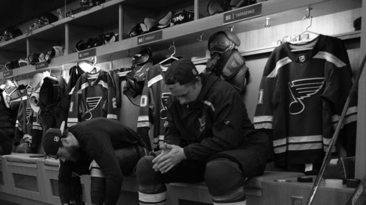 ST. LOUIS, MO - NOVEMBER 9: (EDITOR'S NOTE: This image has been photographed in black and white.) Vladimir Tarasenko #91 of the St. Louis Blues and Ryan O'Reilly #90 of the St. Louis Blues prepare for warm ups prior to a game against the San Jose Sharks at Enterprise Center on November 9, 2018 in St. Louis, Missouri. (Photo by Scott Rovak/NHLI via Getty Images)