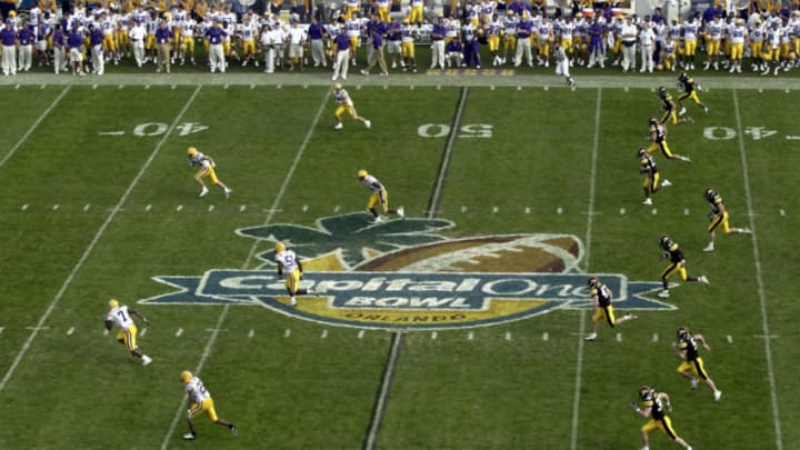 ORLANDO, FL - JANUARY 1: The Iowa Hawkeyes kick off after scoring a touchdown against the LSU Tigers during the Capital One Bowl at the Florida Citrus Bowl on January 1, 2005 in Orlando, Florida. (Photo by Matt Stroshane/Getty Images)