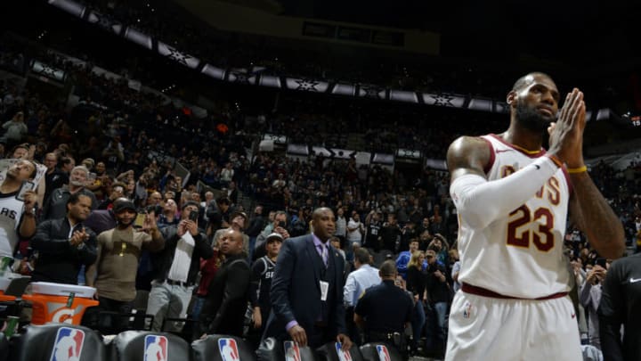 SAN ANTONIO, TX - JANUARY 23: LeBron James #23 of the Cleveland Cavaliers reacts after scoring his 30,000 career point during the game against the San Antonio Spurs on January 23, 2018 at the AT&T Center in San Antonio, Texas. NOTE TO USER: User expressly acknowledges and agrees that, by downloading and or using this photograph, user is consenting to the terms and conditions of the Getty Images License Agreement. Mandatory Copyright Notice: Copyright 2018 NBAE (Photos by Mark Sobhani/NBAE via Getty Images)