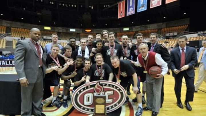 Mar 7, 2015; Nashville, TN, USA; OVC tournament champions Belmont Bruins following the game against the Murray State Racers at Nashville Municipal Auditorium. Belmont won 88-87. Mandatory Credit: Jim Brown-USA TODAY Sports