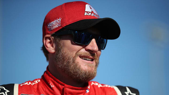 HOMESTEAD, FL - NOVEMBER 19: Dale Earnhardt Jr., driver of the #88 AXALTA Chevrolet, takes part in pre-race ceremonies for the Monster Energy NASCAR Cup Series Championship Ford EcoBoost 400 at Homestead-Miami Speedway on November 19, 2017 in Homestead, Florida. (Photo by Chris Graythen/Getty Images)