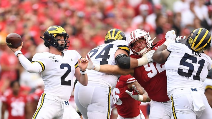 MADISON, WISCONSIN – SEPTEMBER 21: Shea Patterson #2 of the Michigan Wolverines looks to pass during the first half against the Wisconsin Badgers at Camp Randall Stadium on September 21, 2019 in Madison, Wisconsin. (Photo by Stacy Revere/Getty Images)