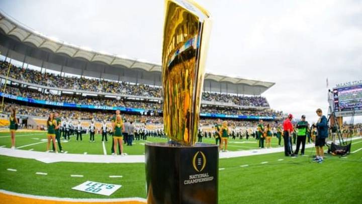 Oct 11, 2014; Waco, TX, USA; A view of the college football playoff national championship trophy before the game between the Baylor Bears and the TCU Horned Frogs at McLane Stadium. The Bears defeat Horned Frogs 61-58. Mandatory Credit: Jerome Miron-USA TODAY Sports