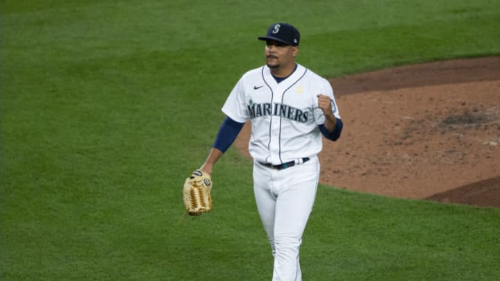 SEATTLE, WA - SEPTEMBER 05: Justus Sheffield #33 of the Seattle Mariners pumps his fist after pitching in the fifth inning against the Texas Rangers at T-Mobile Park on September 5, 2020 in Seattle, Washington. (Photo by Lindsey Wasson/Getty Images)