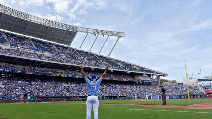 Kansas City Royals' Salvador Perez wins the pregame stare down with Arizona Diamondbacks players and delays the start of a baseball game on Sunday, Oct. 1, 2017 at Kauffman Stadium in Kansas City, Mo. (John Sleezer/Kansas City Star/TNS via Getty Images)