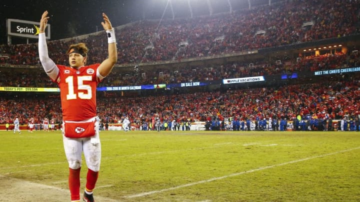 KANSAS CITY, MO - JANUARY 12: Quarterback Patrick Mahomes #15 of the Kansas City Chiefs celebrates in the final minute of the 31-13 victory over the Indianapolis Colts in the AFC Divisional Playoff at Arrowhead Stadium on January 12, 2019 in Kansas City, Missouri. (Photo by David Eulitt/Getty Images)