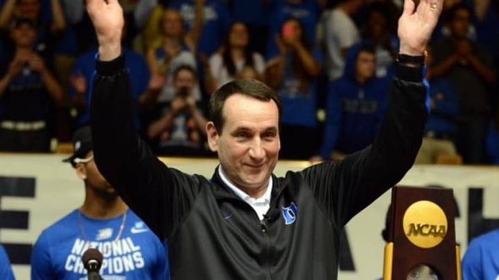 Apr 7, 2015; Durham, NC, USA; Duke Blue Devils head coach Mike Krzyzewski greets the crowd during a welcome home ceremony at Cameron Indoor Stadium. Mandatory Credit: Rob Kinnan-USA TODAY Sports Apr 7, 2015; Durham, NC, USA; Duke Blue Devils head coach Mike Krzyzewski greets the crowd during a welcome home ceremony at Cameron Indoor Stadium. Mandatory Credit: Rob Kinnan-USA TODAY Sports