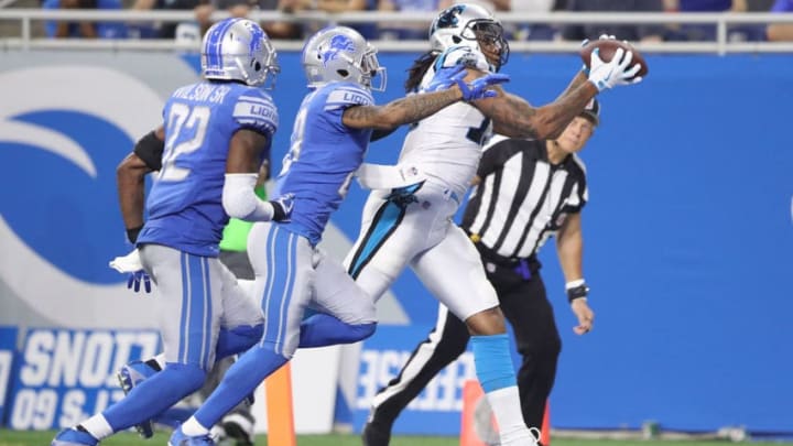 DETROIT, MI - OCTOBER 08: Kelvin Benjamin #13 of the Carolina Panthers makes a touchdown catch against the Detroit Lions during the third quarter at Ford Field on October 8, 2017 in Detroit, Michigan. (Photo by Leon Halip/Getty Images)