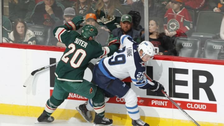 ST. PAUL, MN - OCTOBER 31: Patrik Laine #29 of the Winnipeg Jets handles the puck with Ryan Suter #20 of the Minnesota Wild defending during the game at the Xcel Energy Center on October 31, 2017 in St. Paul, Minnesota. (Photo by Bruce Kluckhohn/NHLI via Getty Images)