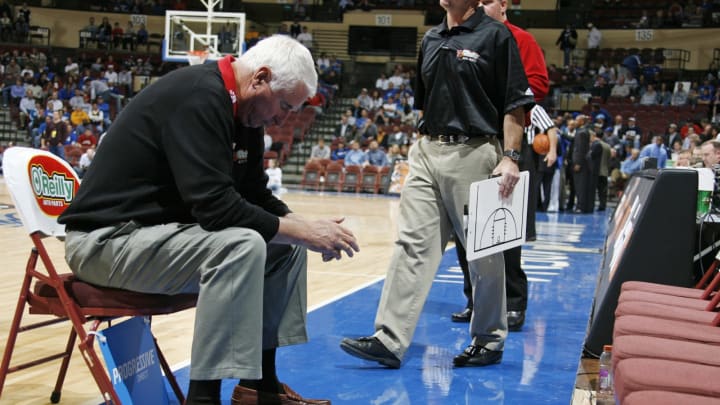 Texas Tech head coach Bob Knight (L) has a moment to himself prior to action during the CBE Classic consolation game between Texas Tech and Air Force at Municipal Auditorium in Kansas City, Missouri on November 21, 2006. Air Force won 67-53 (Photo by G. N. Lowrance/Getty Images)