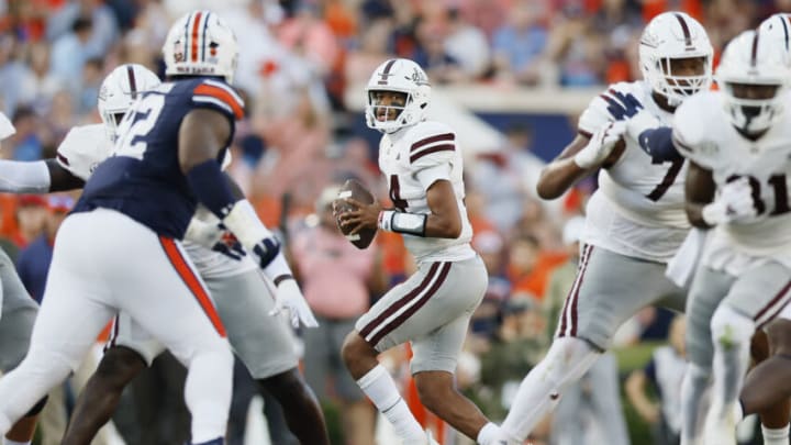 AUBURN, ALABAMA - OCTOBER 28: Mike Wright #14 of the Mississippi State Bulldogs drops back to pass the football against the Auburn Tigers during the fourth quarter at Jordan-Hare Stadium on October 28, 2023 in Auburn, Alabama. (Photo by Alex Slitz/Getty Images)