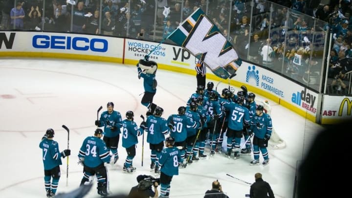 Apr 20, 2016; San Jose, CA, USA; The San Jose Sharks celebrate beating the Los Angeles Kings after game four of the first round of the 2016 Stanley Cup Playoffs at SAP Center at San Jose. The Sharks won 3-2. Mandatory Credit: John Hefti-USA TODAY Sports