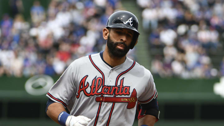 CHICAGO, IL – MAY 14: Jose Bautista #23 of the Atlanta Braves runs the bases after hitting a three-run homer against the Chicago Cubs during the fifth inning while wearing the #42 to commemorate Jackie Robinson Day on May 14, 2018 at Wrigley Field in Chicago, Illinois. (Photo by David Banks/Getty Images)