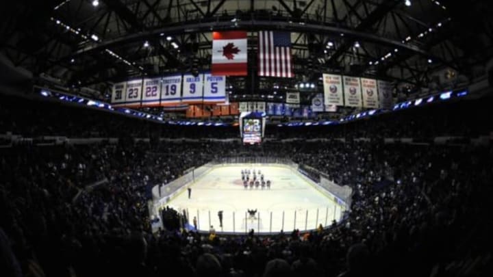 Jan 6, 2014; Uniondale, NY, USA; A general view during the national anthem before the first period of the game between the New York Islanders and the Dallas Stars at Nassau Veterans Memorial Coliseum. Mandatory Credit: Joe Camporeale-USA TODAY Sports
