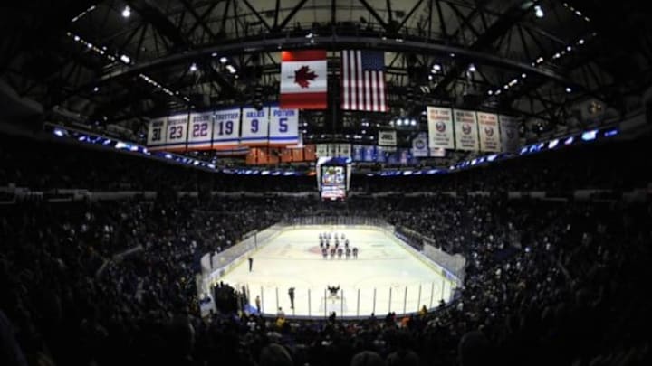 Jan 6, 2014; Uniondale, NY, USA; A general view during the national anthem before the first period of the game between the New York Islanders and the Dallas Stars at Nassau Veterans Memorial Coliseum. Mandatory Credit: Joe Camporeale-USA TODAY Sports