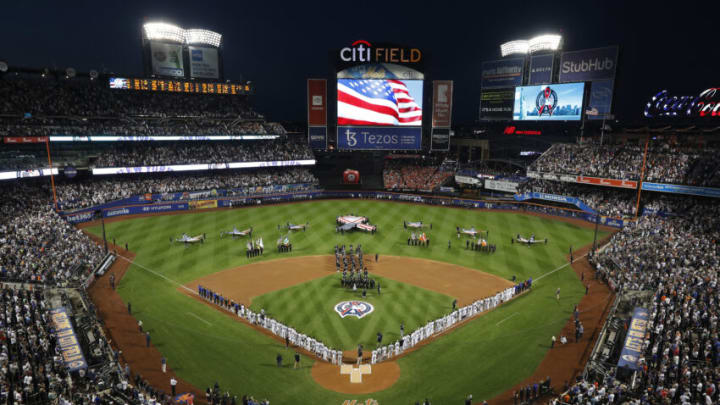 NEW YORK, NEW YORK - SEPTEMBER 11: A general view of the national anthem during ceremonies honoring the 20th anniversary of the 9/11 terrorist attacks prior to a game between between the New York Mets and the New York Yankees at Citi Field on September 11, 2021 in New York City. (Photo by Jim McIsaac/Getty Images)