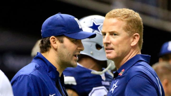Oct 4, 2015; New Orleans, LA, USA; Dallas Cowboys head coach Jason Garrett and quarterback Tony Romo (9) stands on the sidelines prior to the game against the New Orleans Saints at the Mercedes-Benz Superdome. Mandatory Credit: Derick E. Hingle-USA TODAY Sports
