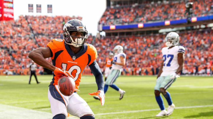 DENVER, CO - SEPTEMBER 17: Wide receiver Emmanuel Sanders #10 of the Denver Broncos celebrates after scoring a second quarter six yard touchdown on a pass play against the Dallas Cowboys at Sports Authority Field at Mile High on September 17, 2017 in Denver, Colorado. (Photo by Matthew Stockman/Getty Images)