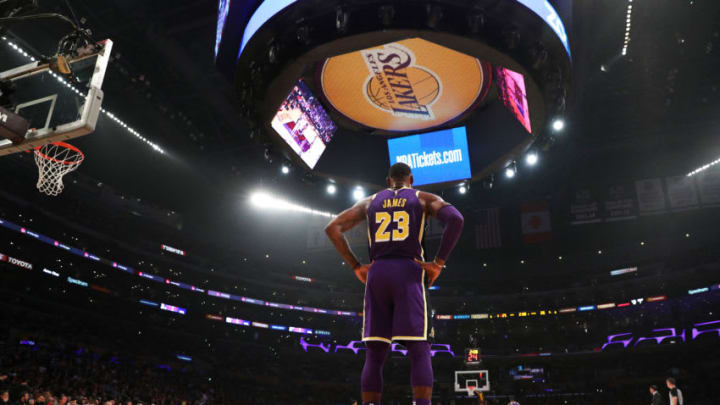 LOS ANGELES, CALIFORNIA - FEBRUARY 27: LeBron James #23 of the Los Angeles Lakers looks on against the New Orleans Pelicans during the first half at Staples Center on February 27, 2019 in Los Angeles, California. NOTE TO USER: User expressly acknowledges and agrees that, by downloading and or using this photograph, User is consenting to the terms and conditions of the Getty Images License Agreement. (Photo by Yong Teck Lim/Getty Images)