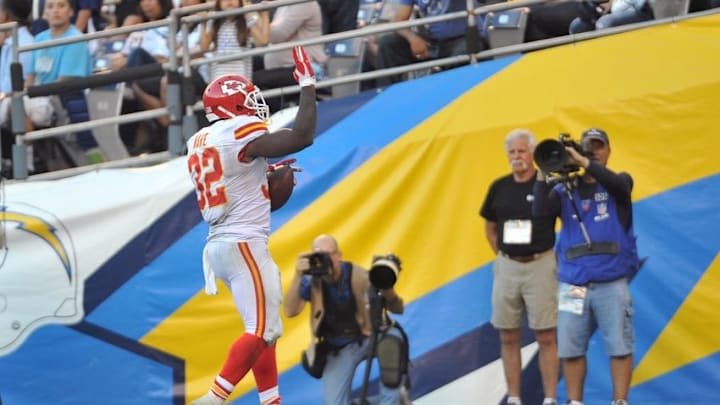 Nov 22, 2015; San Diego, CA, USA; Kansas City Chiefs running back Spencer Ware (32) scores a touchdown during the second half of the game against the San Diego Chargers at Qualcomm Stadium. Kansas City won 33-3. Mandatory Credit: Orlando Ramirez-USA TODAY Sports