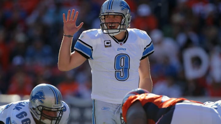 DENVER, CO - OCTOBER 30: Quarterback Matthew Stafford #9 of the Detroit Lions runs the offense against the Denver Broncos at Sports Authority Field at Mile High on October 30, 2011 in Denver, Colorado. The Lions defeated the Broncos 45-10. (Photo by Doug Pensinger/Getty Images)