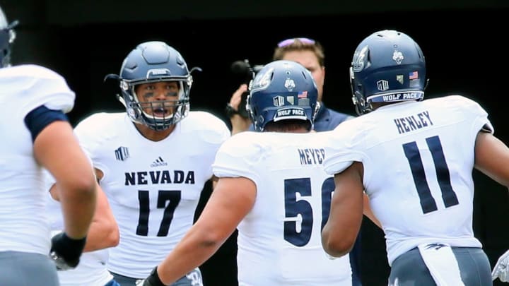 NASHVILLE, TN – SEPTEMBER 08: Brendan O’Leary-Orange #17 of the Nevada Wolf Pack is congratulated by teammates Kalei Meyer #56 and Daiyan Henley #11 after scoring a touchdown against the Vanderbilt Commodores during the first half at Vanderbilt Stadium on September 8, 2018 in Nashville, Tennessee. (Photo by Frederick Breedon/Getty Images)