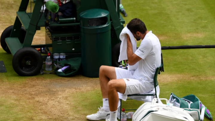 LONDON, ENGLAND - JULY 16: Marin Cilic of Croatia reacts in defeat after the Gentlemen's Singles final against Roger Federer of Switzerland on day thirteen of the Wimbledon Lawn Tennis Championships at the All England Lawn Tennis and Croquet Club at Wimbledon on July 16, 2017 in London, England. (Photo by Shaun Botterill/Getty Images)