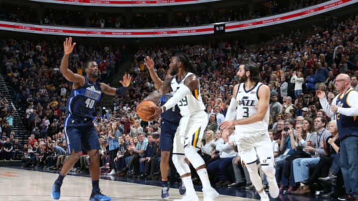 SALT LAKE CITY, UT – FEBRUARY 24: Jae Crowder #99 of the Utah Jazz handles the ball against the Dallas Mavericks on February 24, 2018 at Vivint Smart Home Arena in Salt Lake City, Utah. NOTE TO USER: User expressly acknowledges and agrees that, by downloading and or using this Photograph, User is consenting to the terms and conditions of the Getty Images License Agreement. Mandatory Copyright Notice: Copyright 2018 NBAE (Photo by Melissa Majchrzak/NBAE via Getty Images)