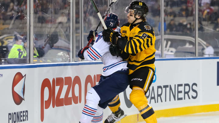 HAMILTON, ONTARIO – MARCH 14: Arber Xhekaj #8 of the Hamilton Bulldogs (Photo by Chris Tanouye/Getty Images)