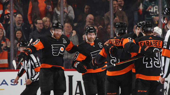 Ivan Provorov, Claude Giroux, Jakub Voracek, and Joel Farabee (Photo by Bruce Bennett/Getty Images)