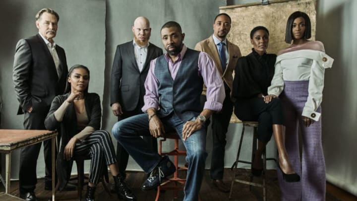 PASADENA, CA - JANUARY 06: (EDITORS NOTE: Image has been digitally enhanced.) (L-R) Actors James Remar, China Anne McClain, Marvin Jones III, Cress Williams, Damon Gupton, Christine Adams, and Nafessa Williams of the CW network television show 'Black Lightning'' poses for a portrait during the 2018 Winter TCA Tour at Langham Hotel at Langham Hotel on January 7, 2018 in Pasadena, California. (Photo by Maarten de Boer/Getty Images)