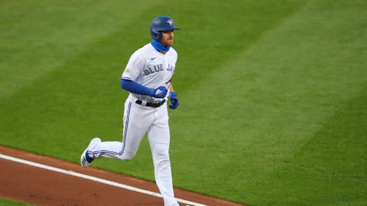 Sep 9, 2020; Buffalo, New York, USA; Toronto Blue Jays center fielder Derek Fisher (23) rounds the bases after hitting a two run home run during the second inning against the New York Yankees at Sahlen Field. Mandatory Credit: Timothy T. Ludwig-USA TODAY Sports