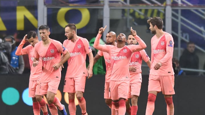 MILAN, ITALY - NOVEMBER 06: Malcom of FC Barcelona celebrates after scoring a goal during the Group B match of the UEFA Champions League between FC Internazionale and FC Barcelona at San Siro Stadium on November 6, 2018 in Milan, Italy. (Photo by Lukasz Laskowski/PressFocus/MB Media/Getty Images)