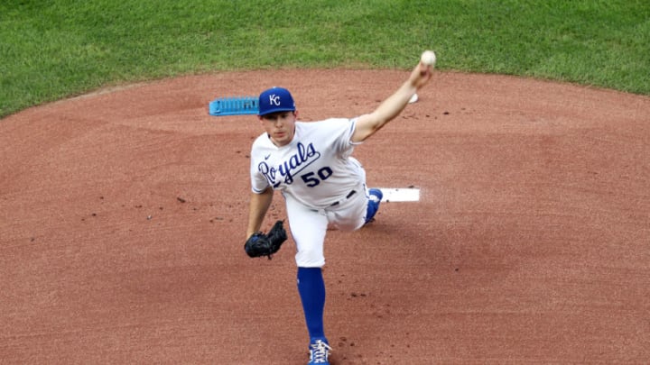 KANSAS CITY, MISSOURI - JULY 31: Starting pitcher Kris Bubic #50 of the Kansas City Royals warms up prior to the game against the Chicago White Sox at Kauffman Stadium on July 31, 2020 in Kansas City, Missouri. (Photo by Jamie Squire/Getty Images)