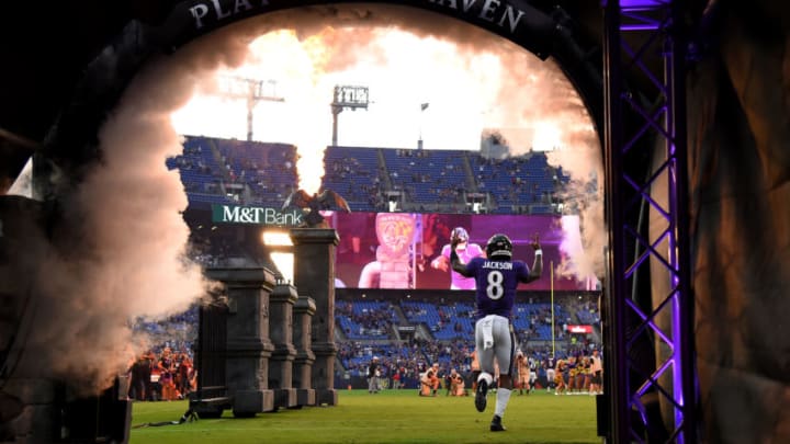BALTIMORE, MD - AUGUST 08: Lamar Jackson #8 of the Baltimore Ravens is introduced prior to playing against the Jacksonville Jaguars in a preseason game at M&T Bank Stadium on August 8, 2019 in Baltimore, Maryland. (Photo by Will Newton/Getty Images)