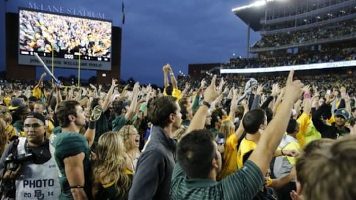 Oct 11, 2014; Waco, TX, USA; Baylor Bears fans storm the field after the victory against the TCU Horned Frogs at McLane Stadium. Mandatory Credit: Kevin Jairaj-USA TODAY Sports