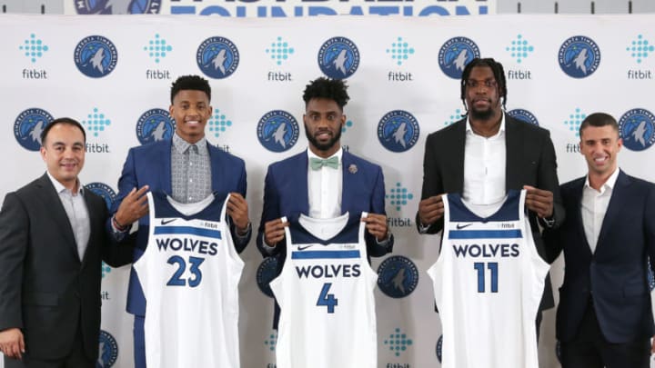 ST. PAUL, MN - JULY 18: President of Basketball Operations Gersson Rosas, Jarrett Culver #23, Jaylen Nowell #4, Naz Reid #11, and Head Coach Ryan Saunders pose for a photo during the introductory press conference. Copyright 2019 NBAE (Photo by David Sherman/NBAE via Getty Images)