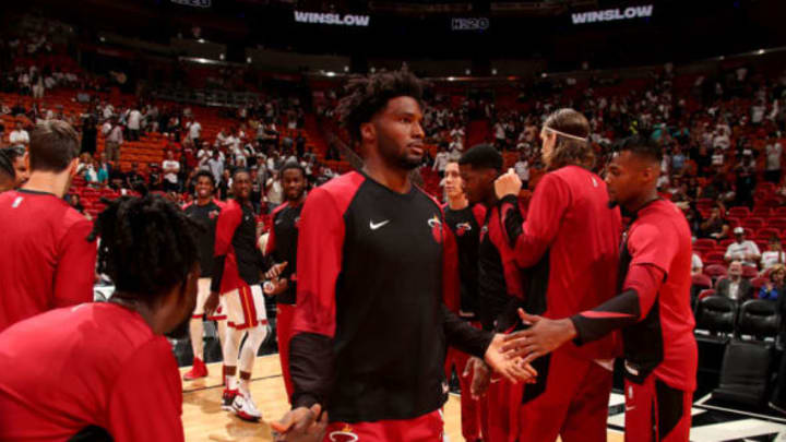 MIAMI, FL – OCTOBER 8: Justise Winslow #20 of the Miami Heat is introduced during a pre-season game against the Orlando Magic on October 8, 2018 at American Airlines Arena, in Miami, Florida. NOTE TO USER: User expressly acknowledges and agrees that, by downloading and/or using this Photograph, user is consenting to the terms and conditions of the Getty Images License Agreement. Mandatory Copyright Notice: Copyright 2018 NBAE (Photo by Issac Baldizon/NBAE via Getty Images)