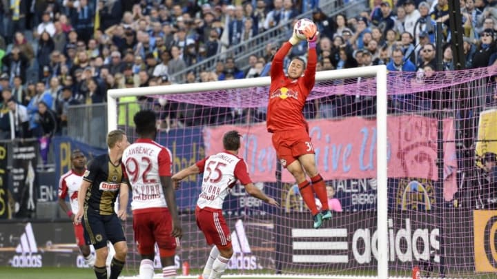 Oct 23, 2016; Philadelphia, PA, USA; New York Red Bulls goalkeeper Luis Robles (31) makes a leaping save during the second half against the Philadelphia Union at Talen Energy Stadium. The Red Bulls won 2-0. Mandatory Credit: Derik Hamilton-USA TODAY Sports
