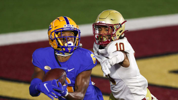 Boston College Eagles cornerback Brandon Sebastian (10) defends Pittsburgh Panthers receiver Tre Tipton (6) during overtime at Alumni Stadium. Mandatory Credit: Paul Rutherford-USA TODAY Sports Boston College Eagles cornerback Brandon Sebastian (10) defends Pittsburgh Panthers receiver Tre Tipton (6) during overtime at Alumni Stadium. Mandatory Credit: Paul Rutherford-USA TODAY Sports