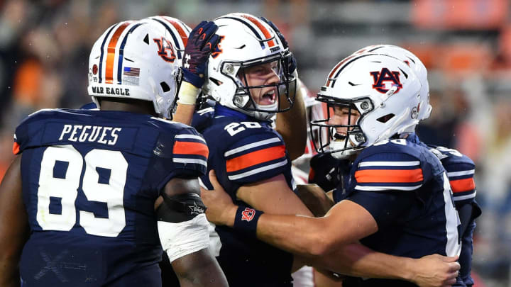 Oct 10, 2020; Auburn, Alabama, USA; Auburn Tigers place kicker Anders Carlson (26) celebrates his game winning field goal against the Arkansas Razorbacks during the fourth quarter at Jordan-Hare Stadium. Mandatory Credit: John David Mercer-USA TODAY Sports