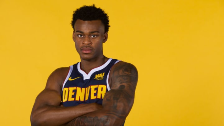 DENVER, CO - SEPTEMBER 24: Jarred Vanderbilt #8 of the Denver Nuggets poses for a portrait during the Denver Nuggets Media Day at the Pepsi Center on September 24, 2018 in Denver, Colorado. NOTE TO USER: User expressly acknowledges and agrees that, by downloading and or using this photograph, User is consenting to the terms and conditions of the Getty Images License Agreement. (Photo by Jamie Schwaberow/Getty Images)