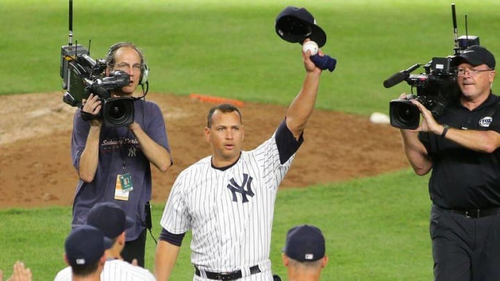 Aug 12, 2016; Bronx, NY, USA; New York Yankees designated hitter Alex Rodriguez (13) waves to the fans after playing his final game as a Yankee against the Tampa Bay Rays at Yankee Stadium. The Yankees won 6-3. Mandatory Credit: Andy Marlin-USA TODAY Sports