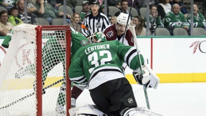 Nov 17, 2016; Dallas, TX, USA; Dallas Stars goalie Kari Lehtonen (32) stops a shot by Colorado Avalanche left wing Blake Comeau (14) during the first period at the American Airlines Center. Mandatory Credit: Jerome Miron-USA TODAY Sports